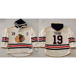 Men Chicago Blackhawks 19 Jonathan Toews Cream Heavyweight Pullover Hoodie Stitched NHL Jersey