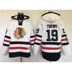 Men Chicago Blackhawks 19 Jonathan Toews White Sawyer Hooded Sweatshirt 2017 Winter Classic Stitched NHL Jersey