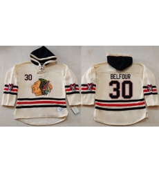 Men Chicago Blackhawks 30 ED Belfour Cream Heavyweight Pullover Hoodie Stitched NHL Jersey