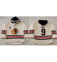 Men Chicago Blackhawks 9 Bobby Hull Cream Heavyweight Pullover Hoodie Stitched NHL Jersey