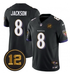 Men Baltimore Ravens 8 Lamar Jackson Black 2025 F U S E  Jacoby Jones Patch Vapor Limited Football Jersey