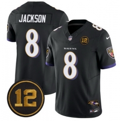 Men Baltimore Ravens 8 Lamar Jackson Black 2025 F U S E  Jacoby Jones Patch Vapor Limited Football Jersey