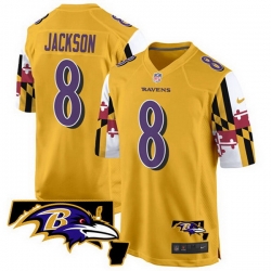 Men Baltimore Ravens 8 Lamar Jackson Gold 2025 Maryland Flag Vapor Limited Football Game Jersey
