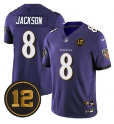 Men Baltimore Ravens 8 Lamar Jackson Purple 2025 F U S E  Jacoby Jones Patch Vapor Limited Football Jersey