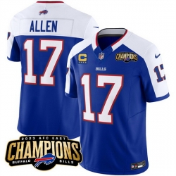 Men Buffalo Bills 17 Josh Allen Blue White 2023 F U S E  AFC East Champions With 4 Star C Ptach Stitched Football Jersey