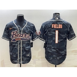 Men Chicago Bears Blank 1 Justin Fields Grey Camo With Patch Cool Base Stitched Baseball Jersey