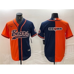 Men Chicago Bears Team Big Logo Orange Navy Split With Patch Cool Base Stitched Baseball Jersey