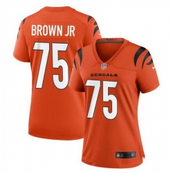 Women Cincinnati Bengals 75 Orlando Brown Jr  Orange Stitched Football Jersey  Run Small