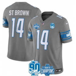 Men Detroit Lions 14 Amon Ra St  Brown Grey 2023 F U S E  90th Anniversary NFC North Division Champions Vapor Untouchable Limited Stitched Jersey