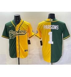 Men Green Bay Packers 1 Micah Parsons Green Gold Split Cool Base Stitched Baseball Jersey Men Green Bay Packers 1 Micah Parsons Green Gold Split Cool Base Stitched Baseball Jersey