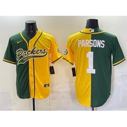Men Green Bay Packers 1 Micah Parsons Green Gold Split Cool Base Stitched Baseball Jersey