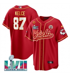 Men   Kansas City Chiefs 87 Travis Kelce Red With 4 Star C Patch And Super Bowl LVII Patch Cool Bae Stitched Baseball Jersey