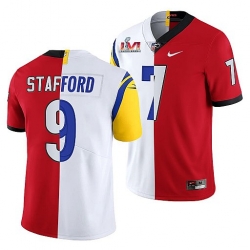 Men Los Angeles Rams X Georgia Bulldogs 9 Matthew Stafford Red White Split Super Bowl LVI Stitched Jerse