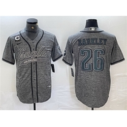 Men Philadelphia Eagles 26 Saquon Barkley Gray With 3 star C Patch Cool Base Baseball Stitched Jersey