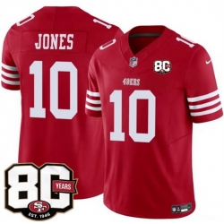Men San Francisco 49ers  10 Mac Jones Red 80th Anniversary Patch 2026 F U S E  Vapor Untouchabl2026 F U S E  Vapor Untouchable Limited Stitched Football Je