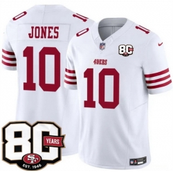 Men San Francisco 49ers  10 Mac Jones White 80th Anniversary Patch 2026 F U S E  Vapor Untouchabl2026 F U S E  Vapor Untouchable Limited Stitched Football 