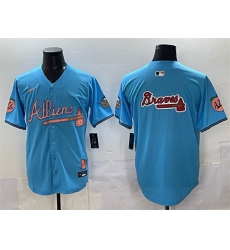 Men Atlanta Braves Team Big Logo Blue 2024 Atliens  26 Peach With Outkast Patch Vapor Limited Stitched Baseball Jersey