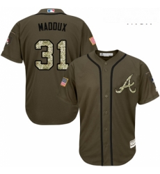 Mens Majestic Atlanta Braves 31 Greg Maddux Replica Green Salute to Service MLB Jersey