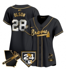 Women Atlanta Braves 28 Matt Olson Black Gold 2024 Spring Training 26 Georgia Patch Vapor Limited Stitched Baseball Jersey Women Atlanta Braves 28 Matt Olson Black Gold 2024 Spring Training 26 Georgia Patch Vapor Limited Stitched Baseball Jersey