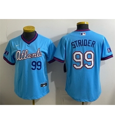 Women Atlanta Braves 99 Spencer Strider Powder Blue 2026 City Connect Stadium Stitched Baseball Jersey Women Atlanta Braves 99 Spencer Strider Powder Blue 2026 City Connect Stadium Stitched Baseball Jersey