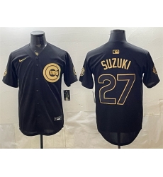 Men Chicago Cubs 27 Seiya Suzuki Black Gold 150th Anniversary Patch Stitched Baseball Jersey Men Chicago Cubs 27 Seiya Suzuki Black Gold 150th Anniversary Patch Stitched Baseball Jersey