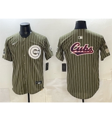Men Chicago Cubs Team Big Logo Pinstripe Olive 2026 Armed Forces Day Salute To Service Stitched Baseball Jersey Men Chicago Cubs Team Big Logo Pinstripe Olive 2026 Armed Forces Day Salute To Service Stitched Baseball Jersey