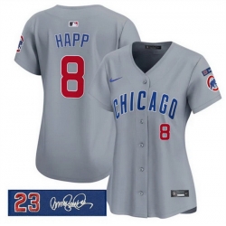 Women Chicago Cubs 8 lan Happ Gray Ryne Sandberg Tribute Vapor Limited V3 Stitched Baseball Jersey