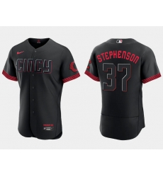 Men Cincinnati Reds 37 Tyler Stephenson Black 2023 City Connect Flex Base Stitched Jersey