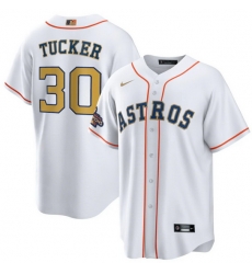 Men Houston Astros 30 Kyle Tucker White 2023 Gold Collection With World Serise Champions Patch Cool Base Stitched Baseball Jersey