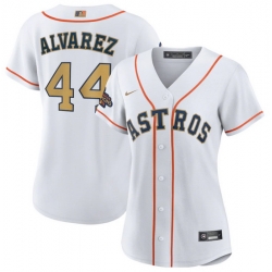 Women Houston Astros 44 Yordan Alvarez White 2023 Gold Collection With World Serise Champions Patch Stitched Jersey