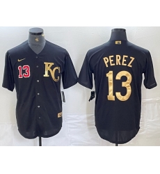 Men Kansas City Royals 13 Salvador Perez Black Gold Cool Base Stitched Jersey5