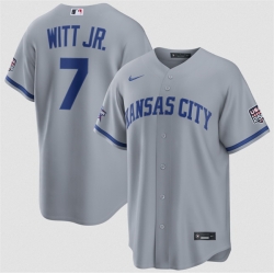 Men Kansas City Royals  7 Bobby Witt Jr  Gray 2026 All Star Game   USA 250 Patch Stitched Baseball Jersey