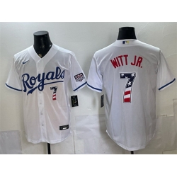 Men Kansas City Royals  7 Bobby Witt Jr  White 250 Fourth of July Stitched Baseball Jersey