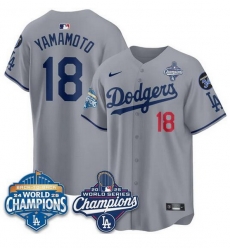 Men Los Angeles Dodgers 18 Yoshinobu Yamamoto Grey 2025 World Series Champions 26 Back to Back Champions With No 34 Patch Limited Stitched Baseball Jersey Men Los Angeles Dodgers 18 Yoshinobu Yamamoto Grey 2025 World Series Champions 26 Back to Back Champions With No 34 Patch Limited Stitched Baseball Jersey
