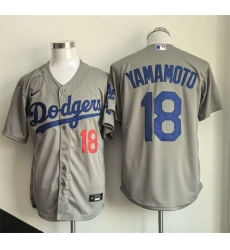 Men Los Angeles Dodgers 18 Yoshinobu Yamamoto Grey Cool Base Stitched Baseball Jersey