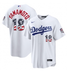 Men Los Angeles Dodgers  18 Yoshinobu Yamamoto White USA 250 Fourth of July Home Stitched Baseball Jersey
