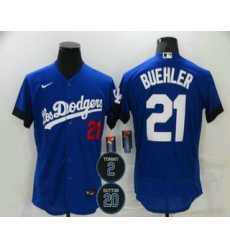 Men Los Angeles Dodgers 21 Walker Buehler Blue 2 20 Patch City Connect Flex Base Stitched Jersey