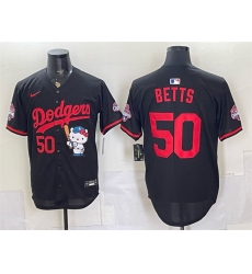 Men Los Angeles Dodgers 50 Mookie Betts Black Hello Kitty Night 2025 World Series Champions Patch Stitched Baseball Jersey Men Los Angeles Dodgers 50 Mookie Betts Black Hello Kitty Night 2025 World Series Champions Patch Stitched Baseball Jersey