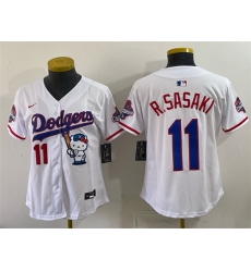 Women Los Angeles Dodgers 11 Roki Sasaki White Hello Kitty Night 2025 World Series Champions Patch Stitched Baseball Jersey Women Los Angeles Dodgers 11 Roki Sasaki White Hello Kitty Night 2025 World Series Champions Patch Stitched Baseball Jersey