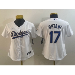 Women Los Angeles Dodgers 17 Shohei Ohtani White Gold Stitched Jersey 28Run Small 29