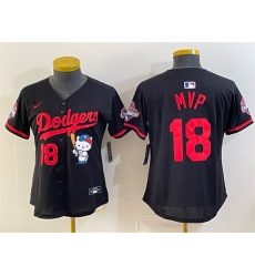 Women Los Angeles Dodgers 18 MVP Black Hello Kitty Night 2025 World Series Champions Patch Stitched Baseball Jersey Women Los Angeles Dodgers 18 MVP Black Hello Kitty Night 2025 World Series Champions Patch Stitched Baseball Jersey