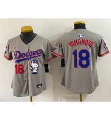 Women Los Angeles Dodgers 18 Yoshinobu Yamamoto Grey Hello Kitty Night 2025 World Series Champions Patch Stitched Baseball Jersey Women Los Angeles Dodgers 18 Yoshinobu Yamamoto Grey Hello Kitty Night 2025 World Series Champions Patch Stitched Baseball Jersey