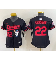 Women Los Angeles Dodgers 22 Clayton Kershaw Black Hello Kitty Night 2025 World Series Champions Patch Stitched Baseball Jersey Women Los Angeles Dodgers 22 Clayton Kershaw Black Hello Kitty Night 2025 World Series Champions Patch Stitched Baseball Jersey