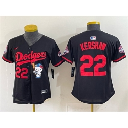 Women Los Angeles Dodgers  22 Clayton Kershaw Black Hello Kitty Night 2025 World Series Champions Patch Stitched Baseball Jersey  