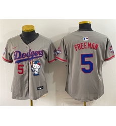 Women Los Angeles Dodgers 5 Freddie Freeman Grey Hello Kitty Night 2025 World Series Champions Patch Stitched Baseball Jersey Women Los Angeles Dodgers 5 Freddie Freeman Grey Hello Kitty Night 2025 World Series Champions Patch Stitched Baseball Jersey