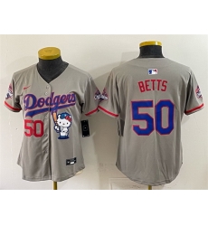 Women Los Angeles Dodgers 50 Mookie Betts Grey Hello Kitty Night 2025 World Series Champions Patch Stitched Baseball Jersey Women Los Angeles Dodgers 50 Mookie Betts Grey Hello Kitty Night 2025 World Series Champions Patch Stitched Baseball Jersey