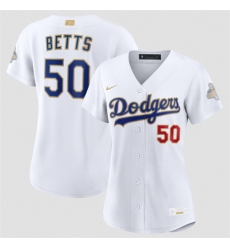 Women Los Angeles Dodgers 50 Mookie Betts White 2026 Gold Collection Stadium Stitched Baseball Jersey Women Los Angeles Dodgers 50 Mookie Betts White 2026 Gold Collection Stadium Stitched Baseball Jersey