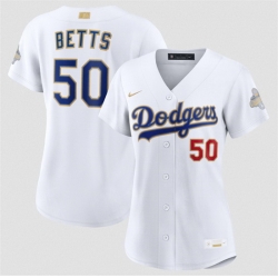 Women Los Angeles Dodgers  50 Mookie Betts White 2026 Gold Collection Stadium Stitched Baseball Jersey  