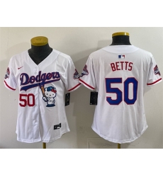 Women Los Angeles Dodgers 50 Mookie Betts White Hello Kitty Night 2025 World Series Champions Patch Stitched Baseball Jersey Women Los Angeles Dodgers 50 Mookie Betts White Hello Kitty Night 2025 World Series Champions Patch Stitched Baseball Jersey