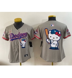 Women Los Angeles Dodgers Team Big Logo Grey Hello Kitty Night 2025 World Series Champions Patch Stitched Baseball Jersey Women Los Angeles Dodgers Team Big Logo Grey Hello Kitty Night 2025 World Series Champions Patch Stitched Baseball Jersey
